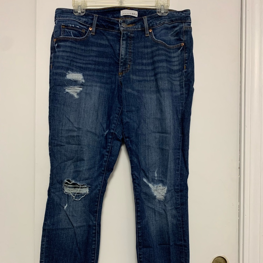 LOFT Dark Wash Distressed Curvy Skinny Jeans